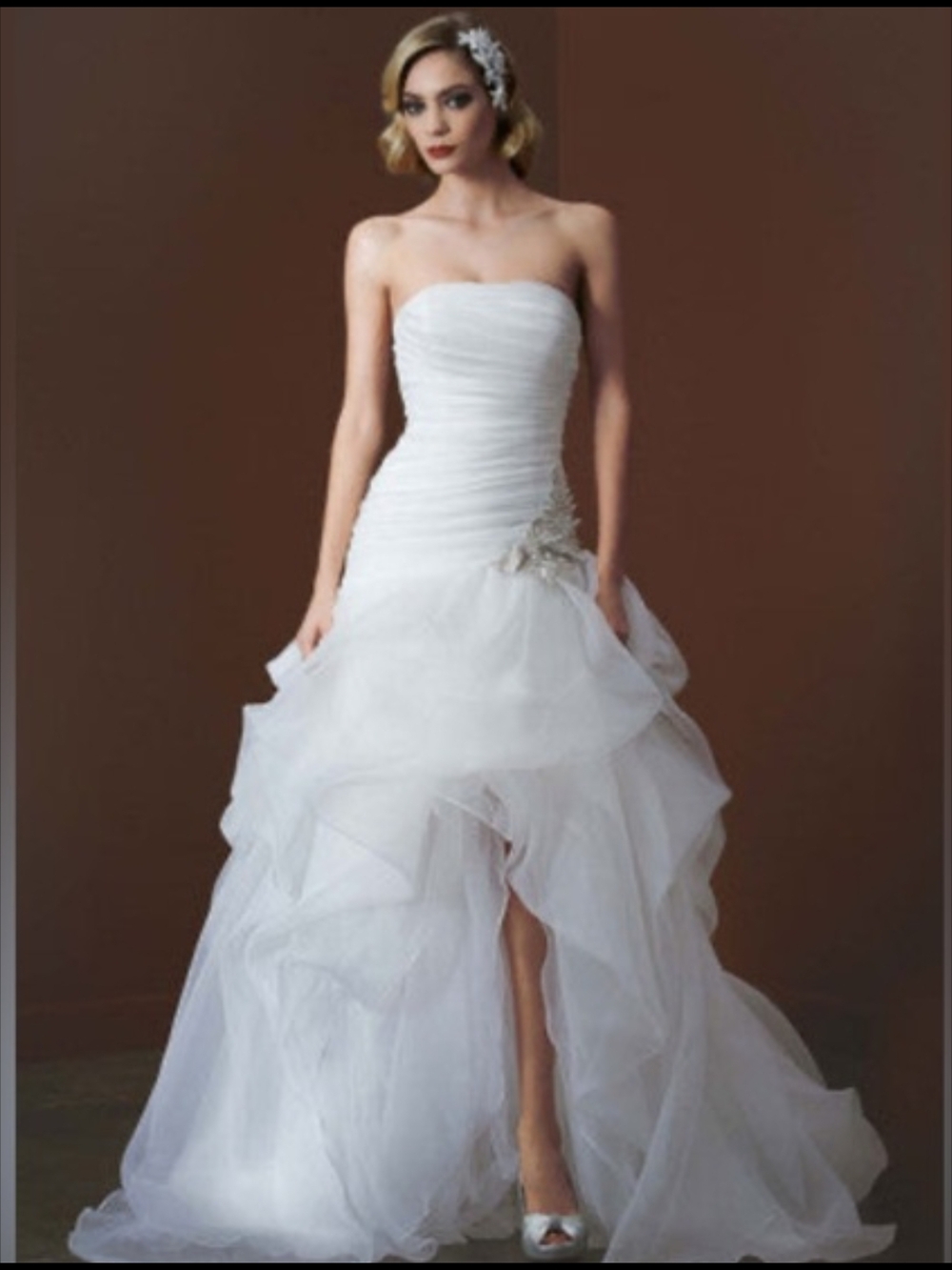 Galina SPK470 Strapless White Bridal Gown W Ruched Bodice, Asymmetrical Skirt